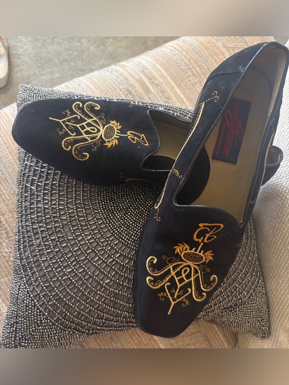 Giorgio Brutini Black Suede Loafers with Gold Embroidered Crest
